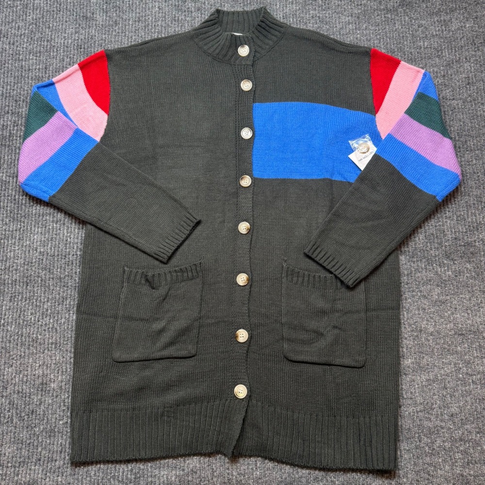 Colorblock Cardigan Womens Sweater Size Medium NWT Olive Blue Pink Pockets